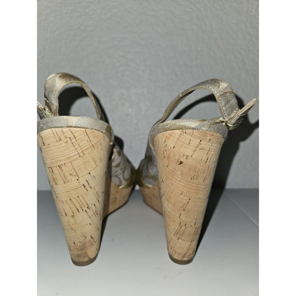 Coach Jessy Size 7.5 Gold Leather Iridescent Canvas Strappy Wedge Sandals - Picture 9 of 15